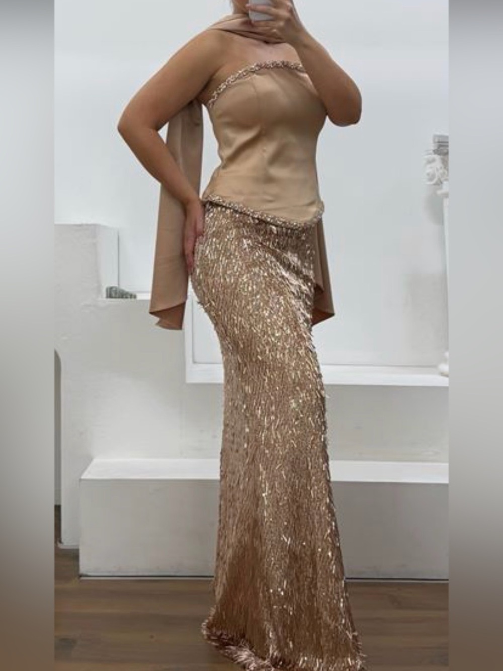 Elegant Rose Gold Sequin Maxi Skirt - Strapless Evening Set